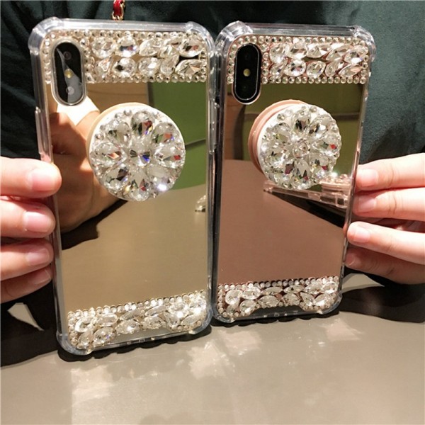 反射カガミ付 iphone 12/12 pro/12 mini/12 pro max/11/11 pro/11 pro max/se2ケース かわいい きらきら 花柄 ラインストーン飾り シリコンケース  芸能人愛用 耐衝撃 アイフォンx/xs/xr/8/7/6カバー レディーズ