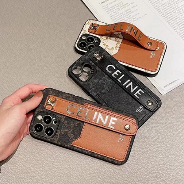 Celine iphone13pro/13/13pro maxスマホケース 革グリップ付き 落下防止 ブランド セリーヌ iPhone12pro/12pro max/12収納型カバー ポケット付き 高級レザー アイフォン11pro max/11/11proケース 耐衝撃 ビジネス 簡約スタイル メンズ レディース