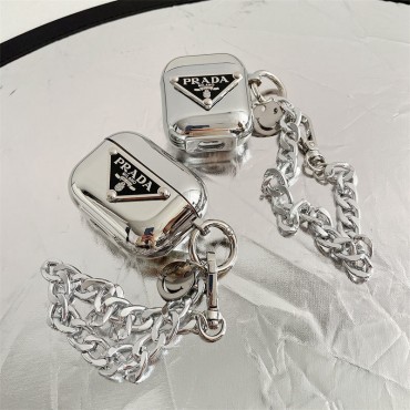 PRADA ブランド AIRPODS 3/pro収納ケース メッキ仕上げ 光沢感 プラダ エアーポッズproカバー 高級 カラビナ付き 携帯便利 airpods1/2ケース 耐衝撃 傷防止 メンズ レディース ワンペン付き