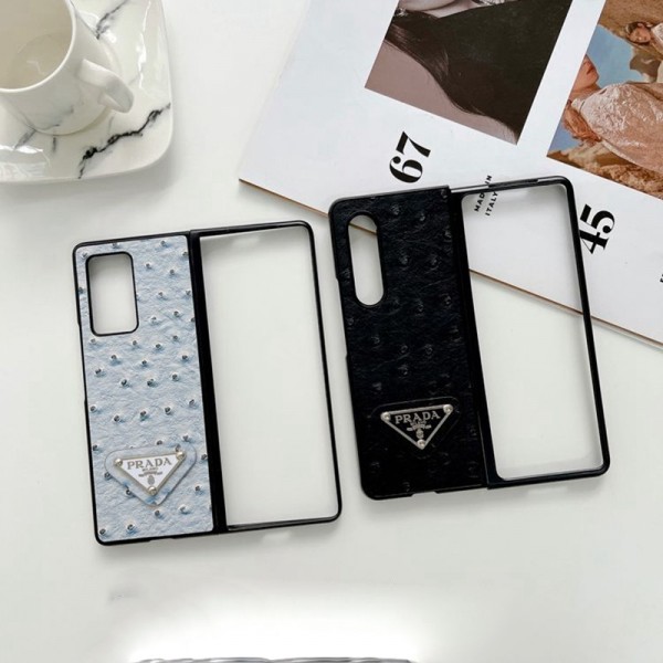 プラダギャラクシー Z FOLD4 スマホケース 贅沢 ダチョウ紋 ブランド Galaxy z fold3ケースPrada 高級レザー耐衝撃 サムスンgalaxy z fold2スマホカバー 携帯ケース 滑り止め 軽量 オシャレ 男女兼用