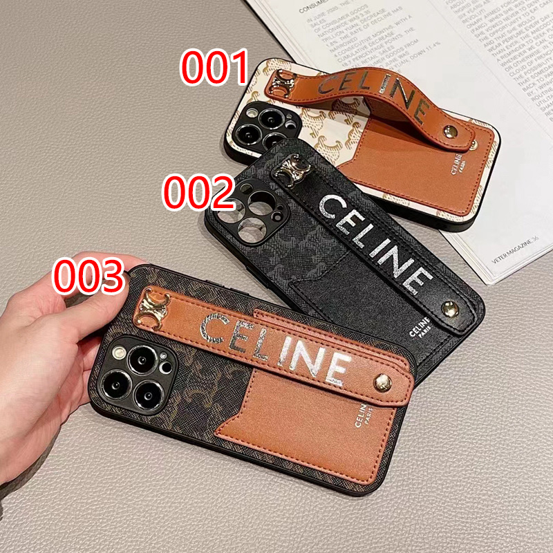 Celine iphone13pro/13/13pro maxスマホケース 革グリップ付き 落下防止 