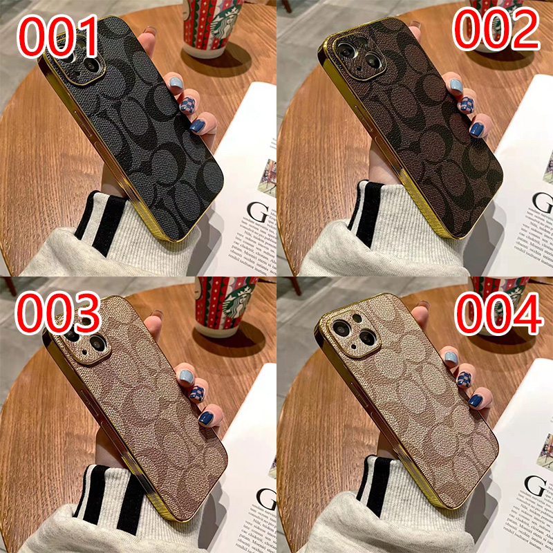 Coach ブランド 耐衝撃 iphone14pro/13pro max/13革ケースメッキ加工 落下保護