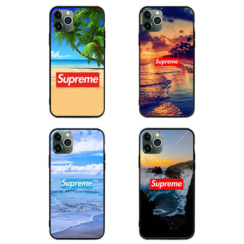 シュプリーム ブランド オーダーメイド風 iphone 12mini/12pro max/11 pro maxケース モノグラム 海岸線 Supreme ココナッツの木柄 ガラス ジャケット型 手作り きらきら xperia 1 II/5ii/10ii シンプル Galaxy S21s20/a51/a30/note20
